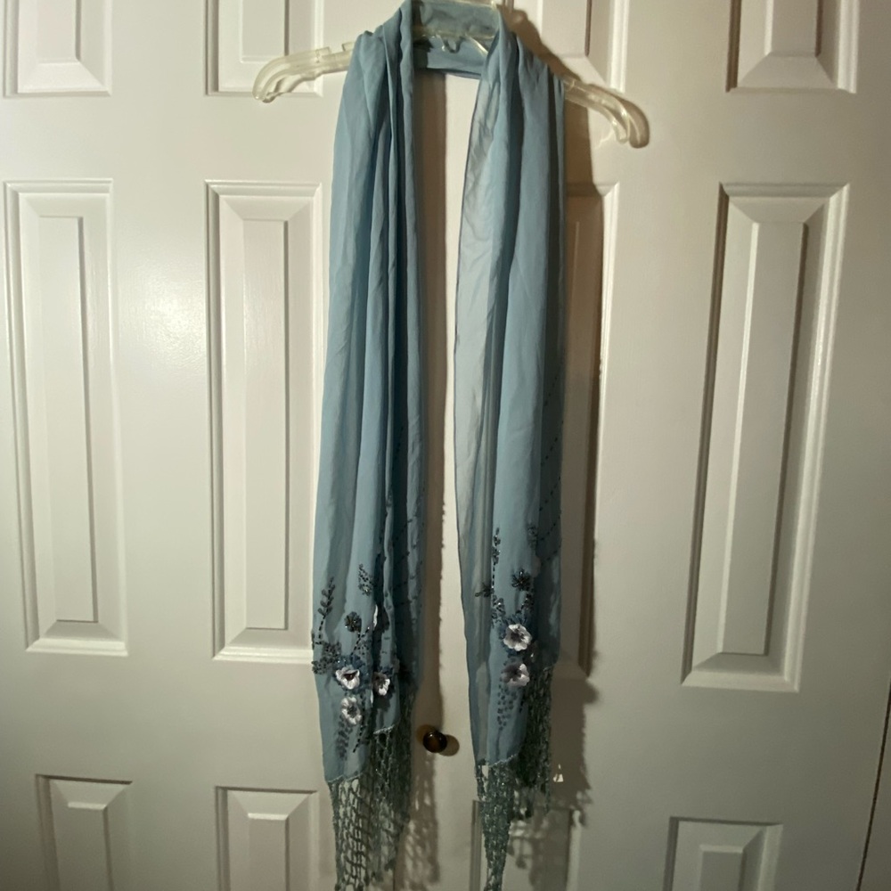 Sue Wong Pale Blue Embroidered Floral Scarf with Beaded Fringe - Picture 1 of 4